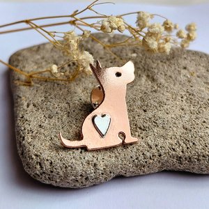 Alternative view of the handcrafted copper dog brooch with a sterling silver heart