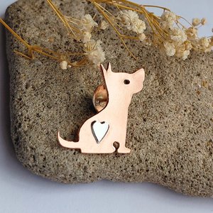 Handcrafted copper dog brooch with a sterling silver heart