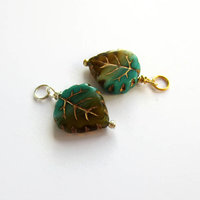 Blue and Green Czech Glass Leaf Charm ~ Handmade by The Tiny Tree Frog Jewellery