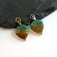 Blue and Green Czech Glass Leaf Charm ~ Handmade by The Tiny Tree Frog Jewellery