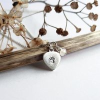 Silver Paw Print Heart Necklace with Rose Quartz Charm ~ Handmade by The Tiny Tree Frog Jewellery