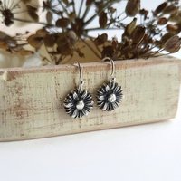 Oxidised Fine Silver Daisy Drop Earrings ~ April Birth Flower ~ Handmade by The Tiny Tree Frog Jewellery