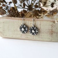 Oxidised Fine Silver Daisy Drop Earrings ~ April Birth Flower ~ Handmade by The Tiny Tree Frog Jewellery