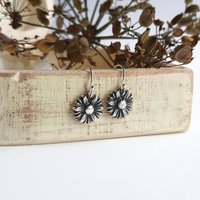 Oxidised Fine Silver Daisy Drop Earrings ~ April Birth Flower ~ Handmade by The Tiny Tree Frog Jewellery