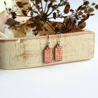 Hammered and textured copper drop earrings, handmade by The Tiny Tree Frog Jewellery