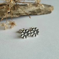 Oxidised Fine Silver Daisy Stud Earrings ~ April Birth Flower Studs ~ Handmade by The Tiny Tree Frog Jewellery