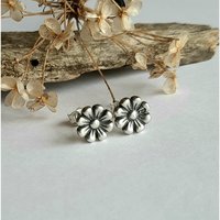 Oxidised Fine Silver Daisy Stud Earrings ~ April Birth Flower Studs ~ Handmade by The Tiny Tree Frog Jewellery