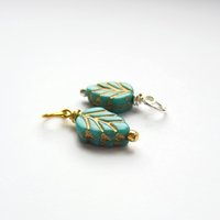Turquoise Blue and Gold Czech Glass Leaf Charm ~ Handmade by The Tiny Tree Frog Jewellery