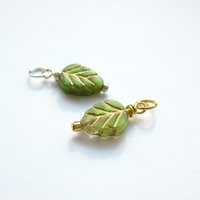 Green and Gold Czech Glass Leaf Charm ~ Handmade by The Tiny Tree Frog Jewellery