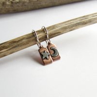 Crescent Moon and Star Copper and Sterling Silver Mismatched Drop Earrings