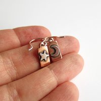 Crescent Moon and Star Copper and Sterling Silver Mismatched Drop Earrings