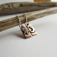 Crescent Moon and Star Copper and Sterling Silver Mismatched Drop Earrings