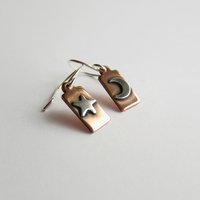 Crescent Moon and Star Copper and Sterling Silver Mismatched Drop Earrings