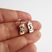 Crescent Moon and Star Copper and Sterling Silver Mismatched Drop Earrings