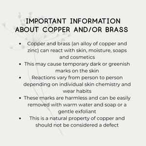 Infographic giving important information about copper and brass jewellery, including possible skin reactions and temporary marks.