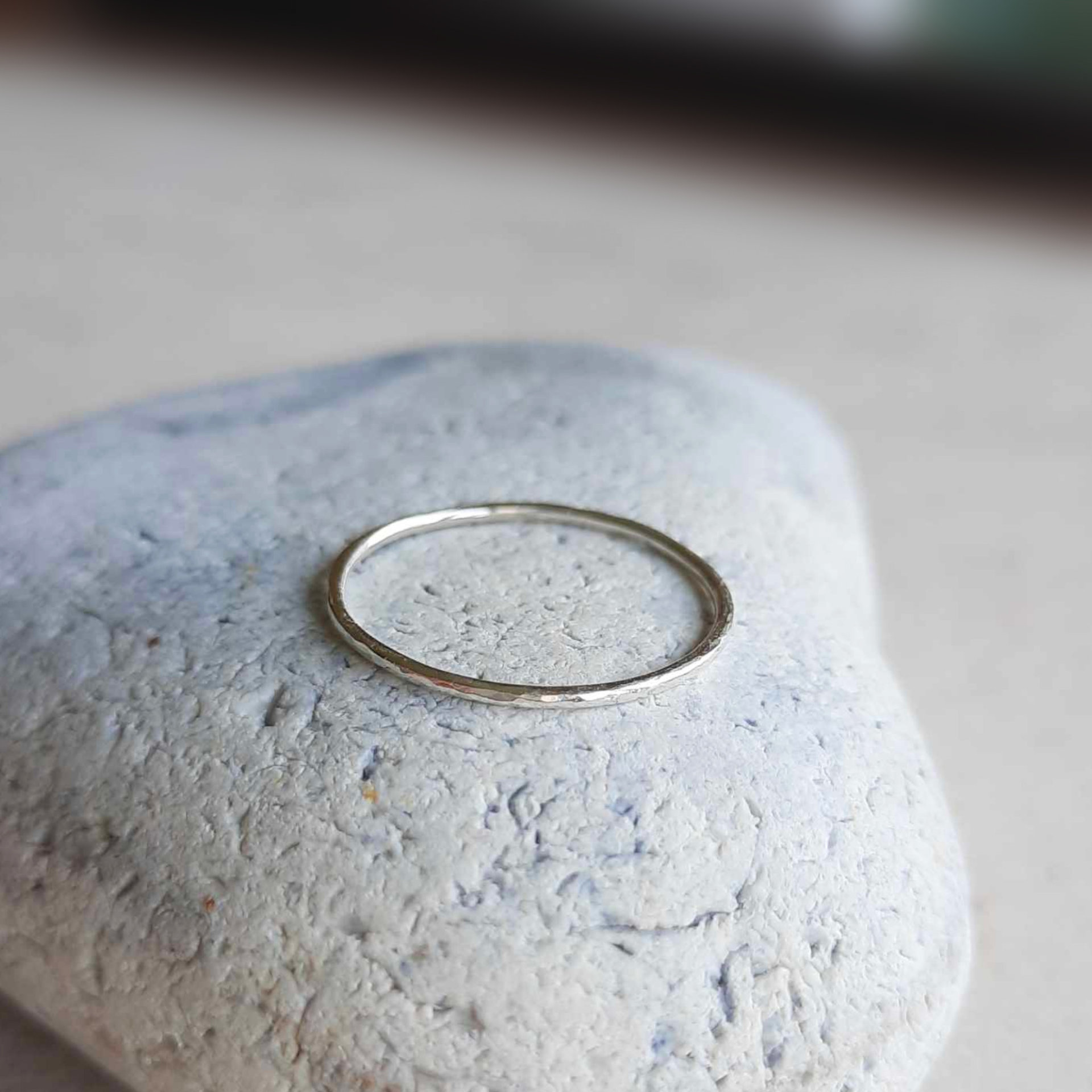 Super thin, dainty sterling silver stacking ring, handmade by The Tiny Tree Frog JewelleryUltra thin hammered recycled sterling silver stacking ring, handmade by The Tiny Tree Frog Jewellery