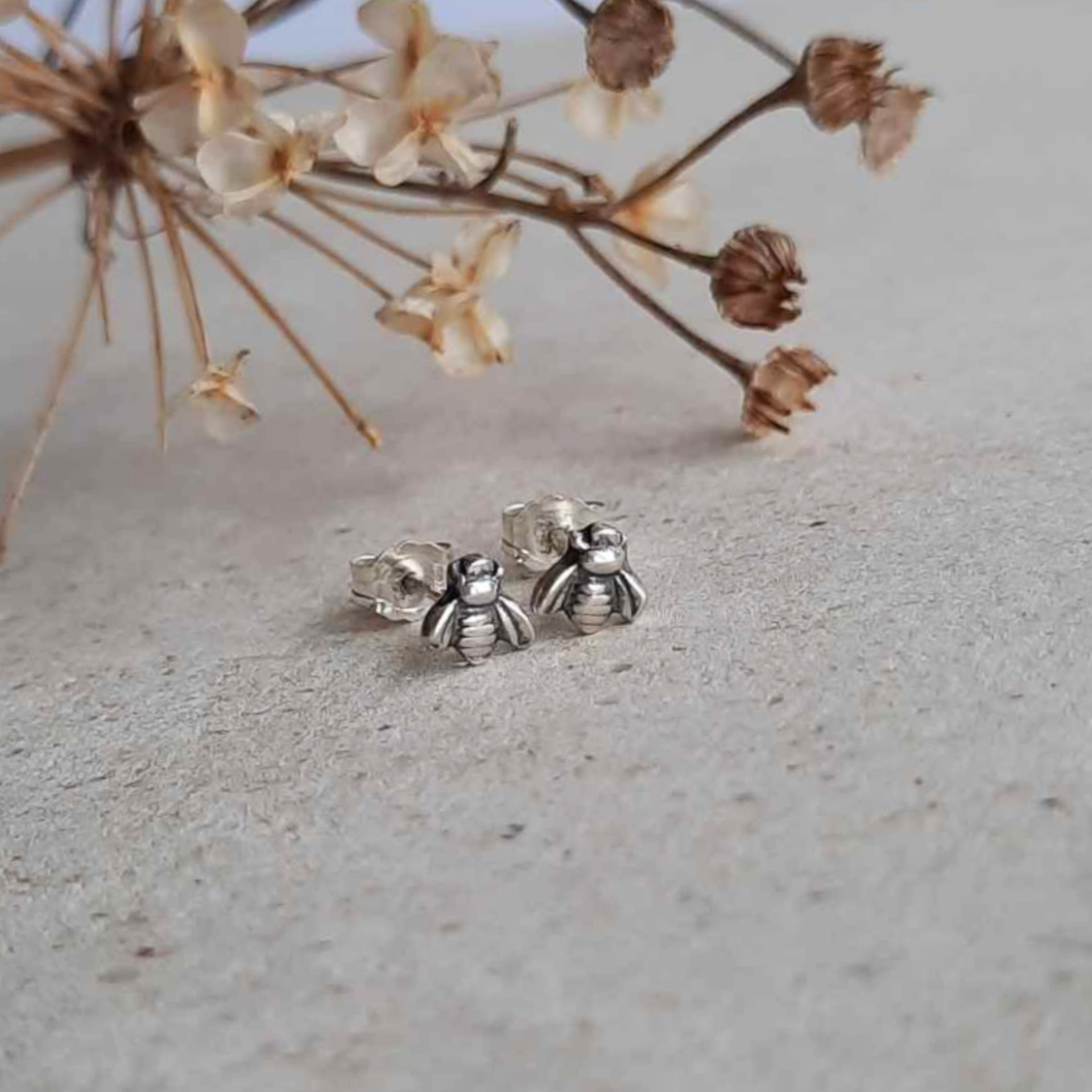 Barely There Silver Bee Stud Earrings for Second Hole Piercing, Hand Made by The Tiny Tree Frog Jewellery