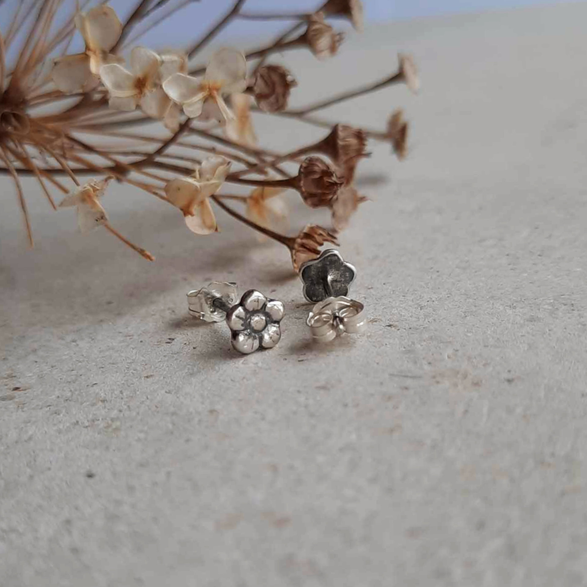 Minimalist Silver Floral Stud Earrings for Second Hole Piercing, Artisan Made by The Tiny Tree Frog Jewellery