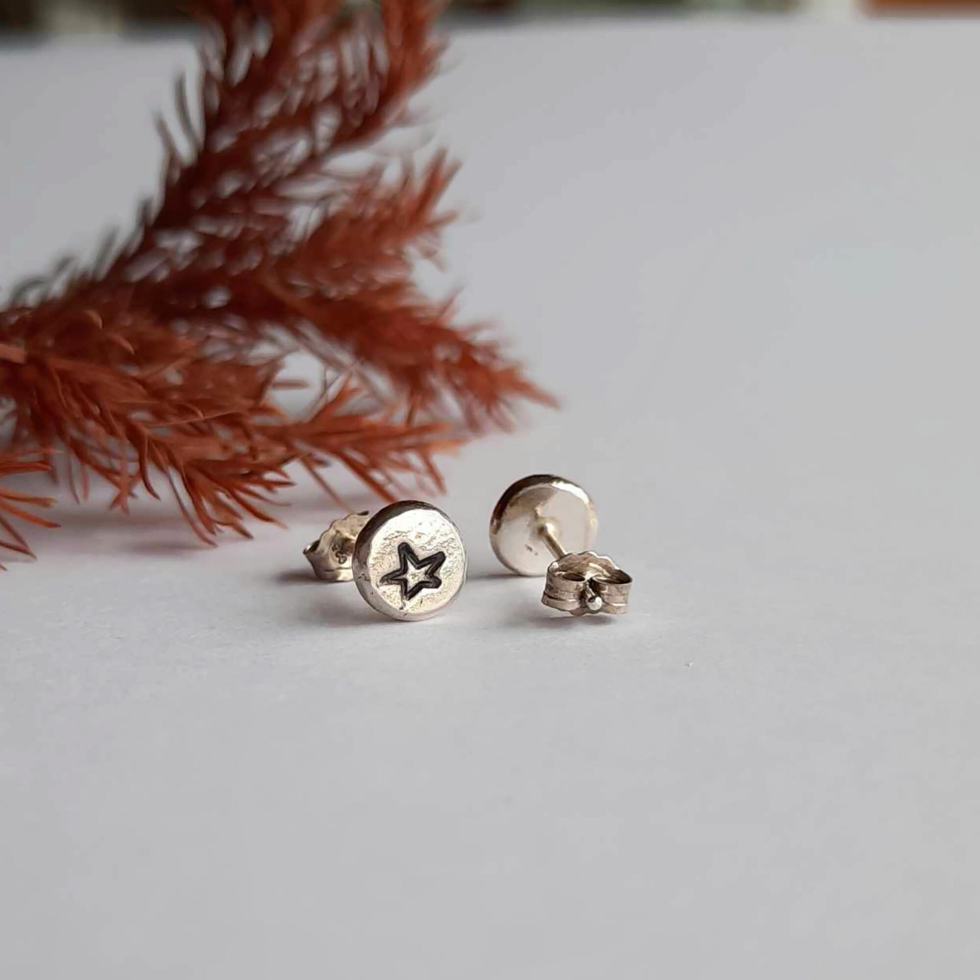 Boho style rustic reclaimed sterling silver star earrings, handcrafted by The Tiny Tree Frog Jewellery