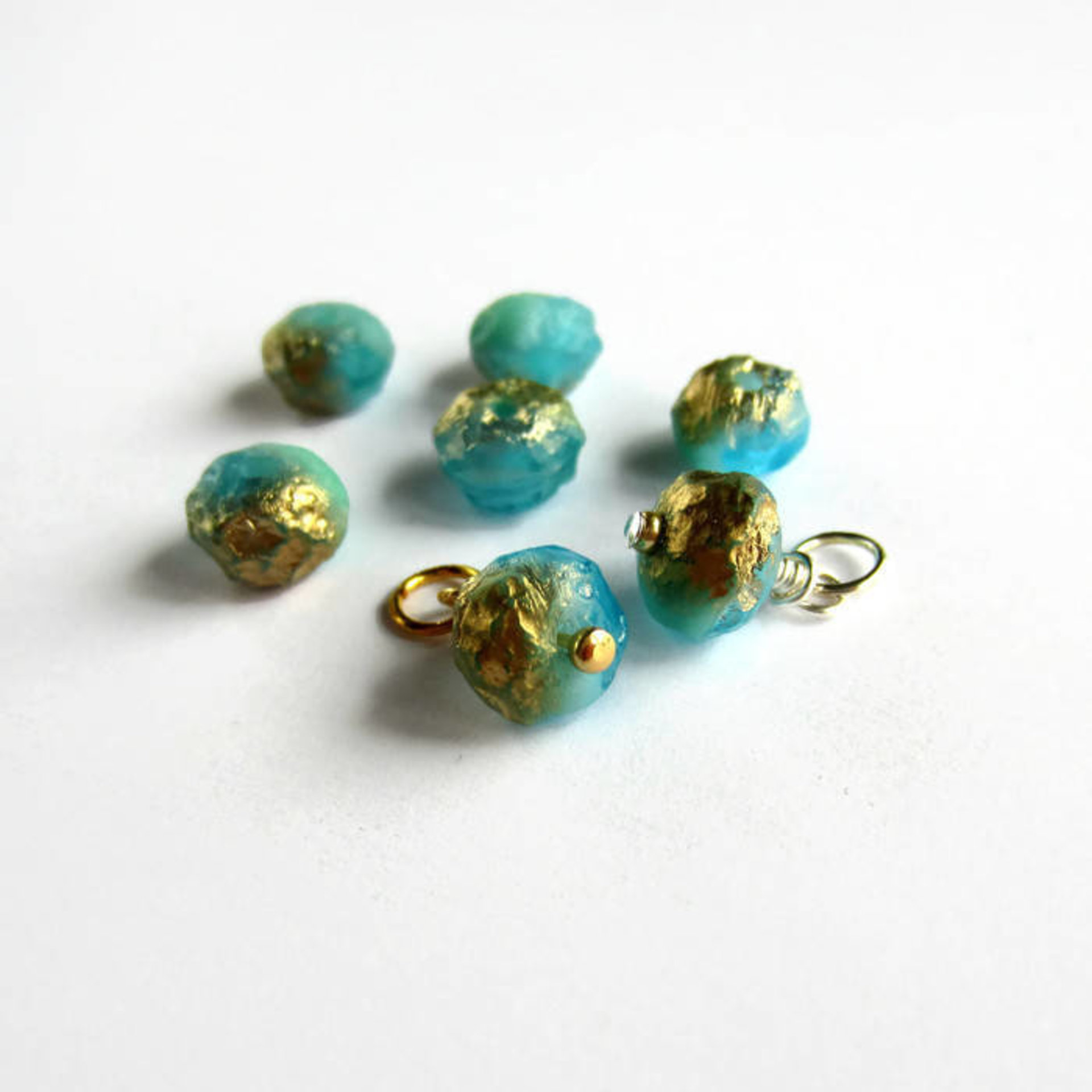 Aqua Blue and Gold Czech Glass Rondelle Charm ~ Silver, Gold or Rose Gold ~  8mm x 12mm