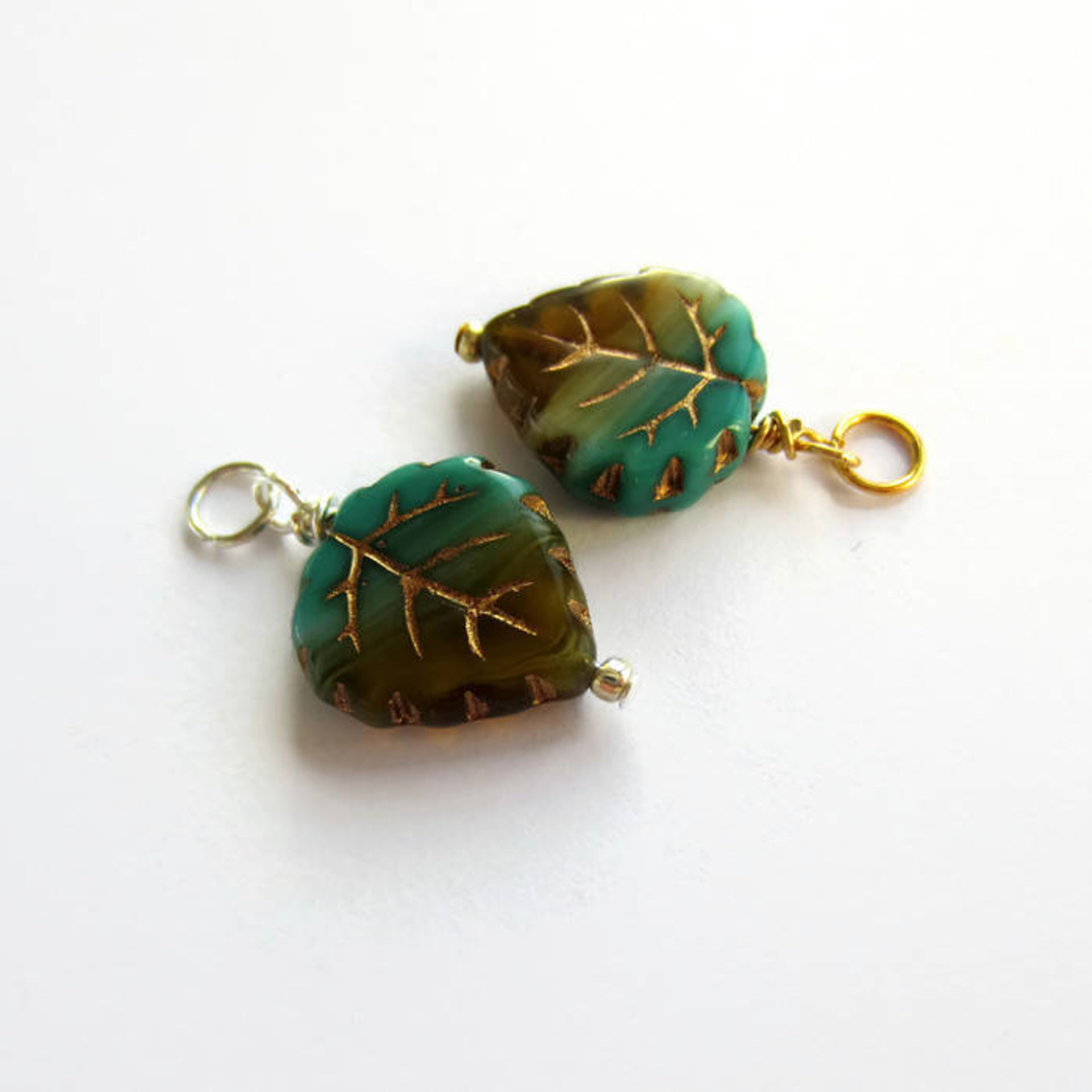 Blue and Green Czech Glass Leaf Charm ~ Handmade by The Tiny Tree Frog Jewellery