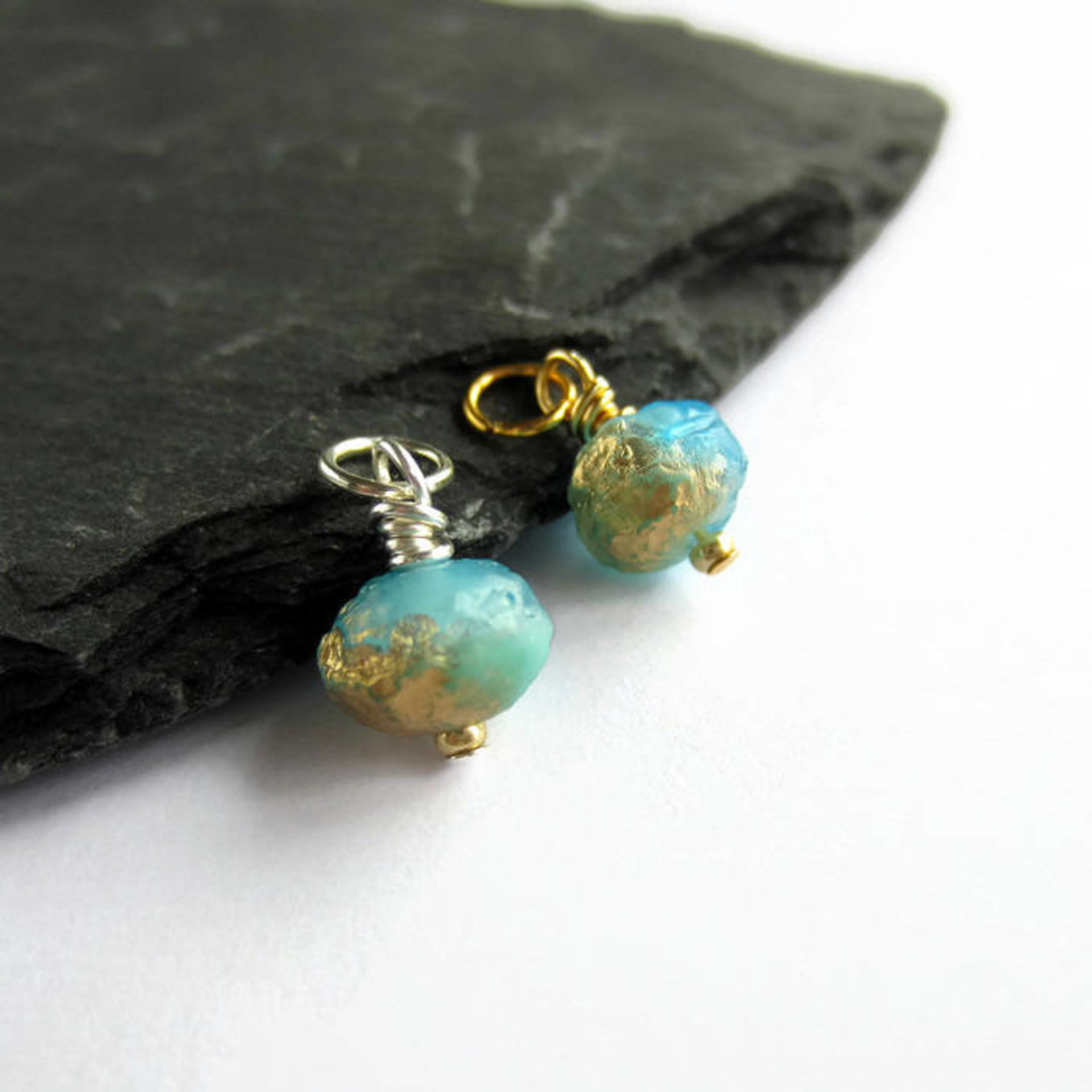 Aqua Blue and Gold Czech Glass Rondelle Charm ~ Handmade by The Tiny Tree Frog Jewellery