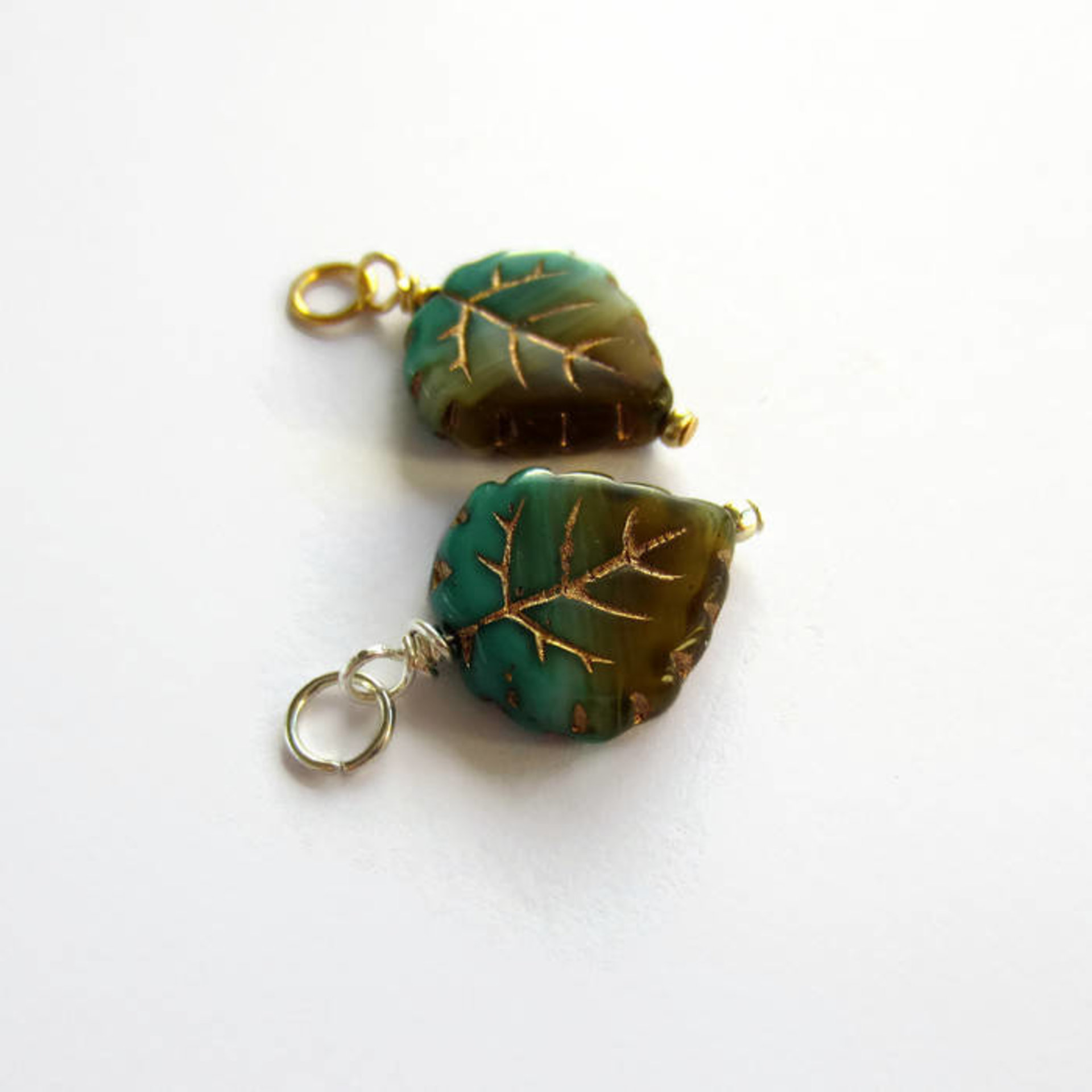 Blue and Green Czech Glass Leaf Charm ~ Handmade by The Tiny Tree Frog Jewellery