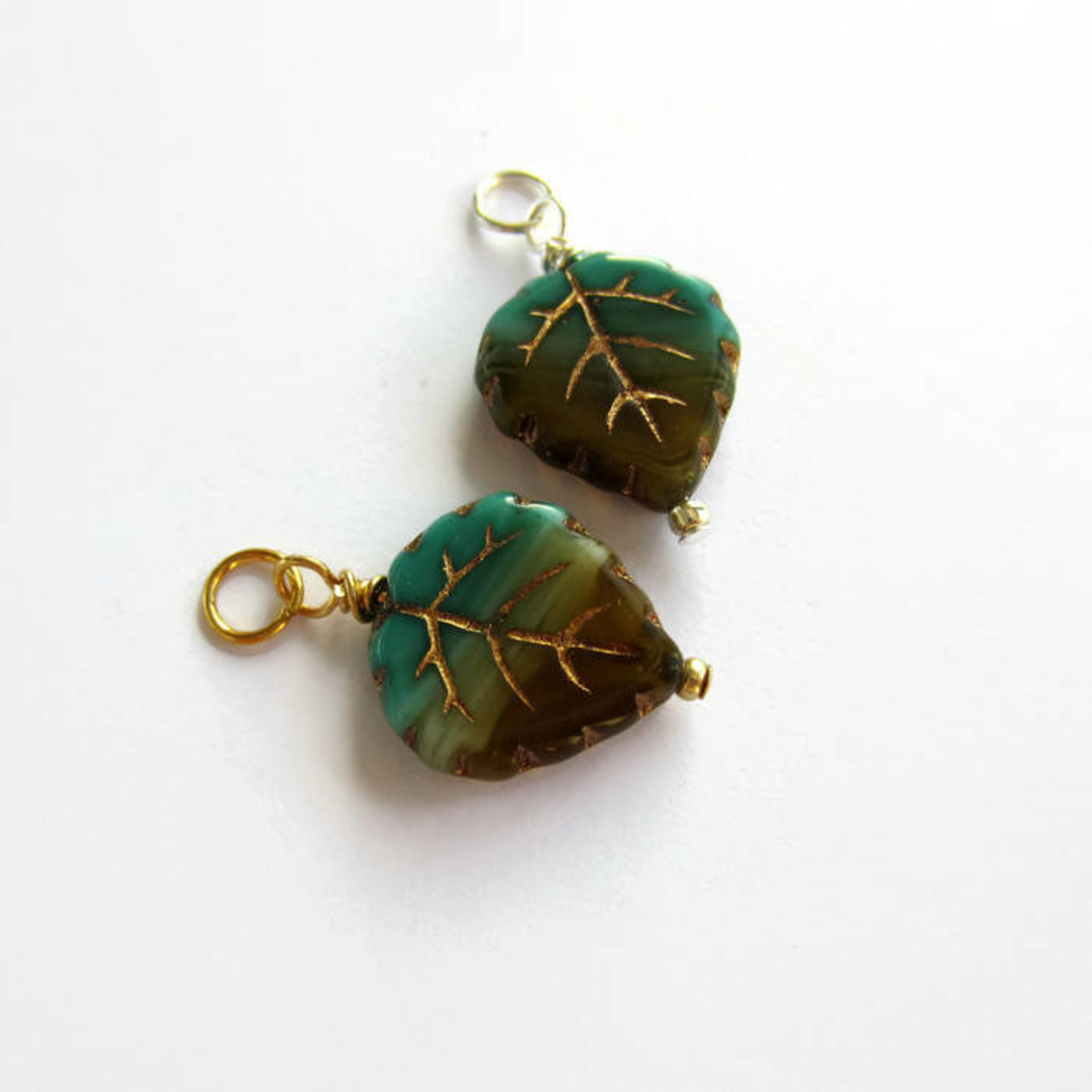 Blue and Green Czech Glass Leaf Charm ~ Handmade by The Tiny Tree Frog Jewellery