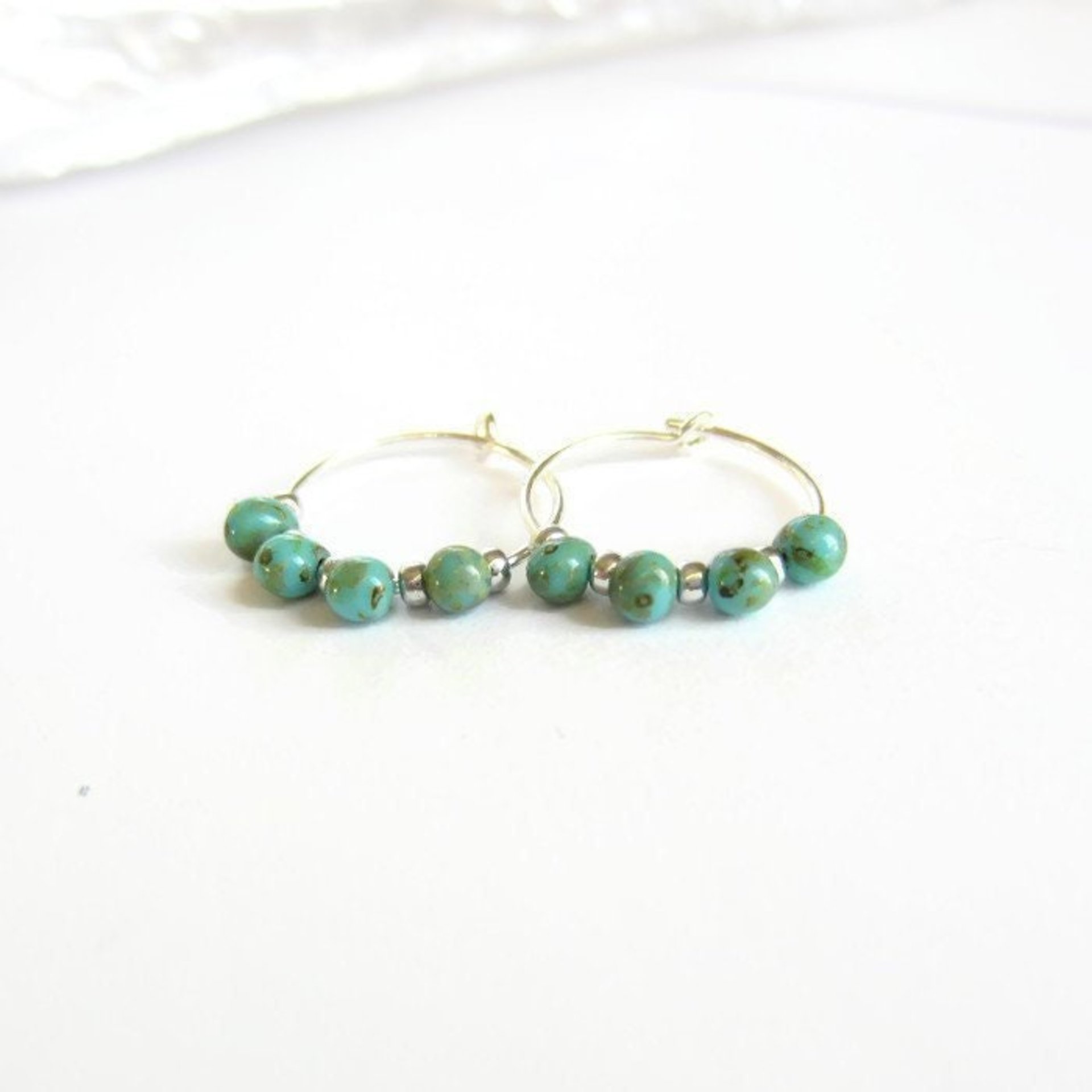 Turquoise Blue Czech Glass Beaded Silver Hoop Earrings ~ 925 Sterling Silver ~ Handmade by The Tiny Tree Frog Jewellery