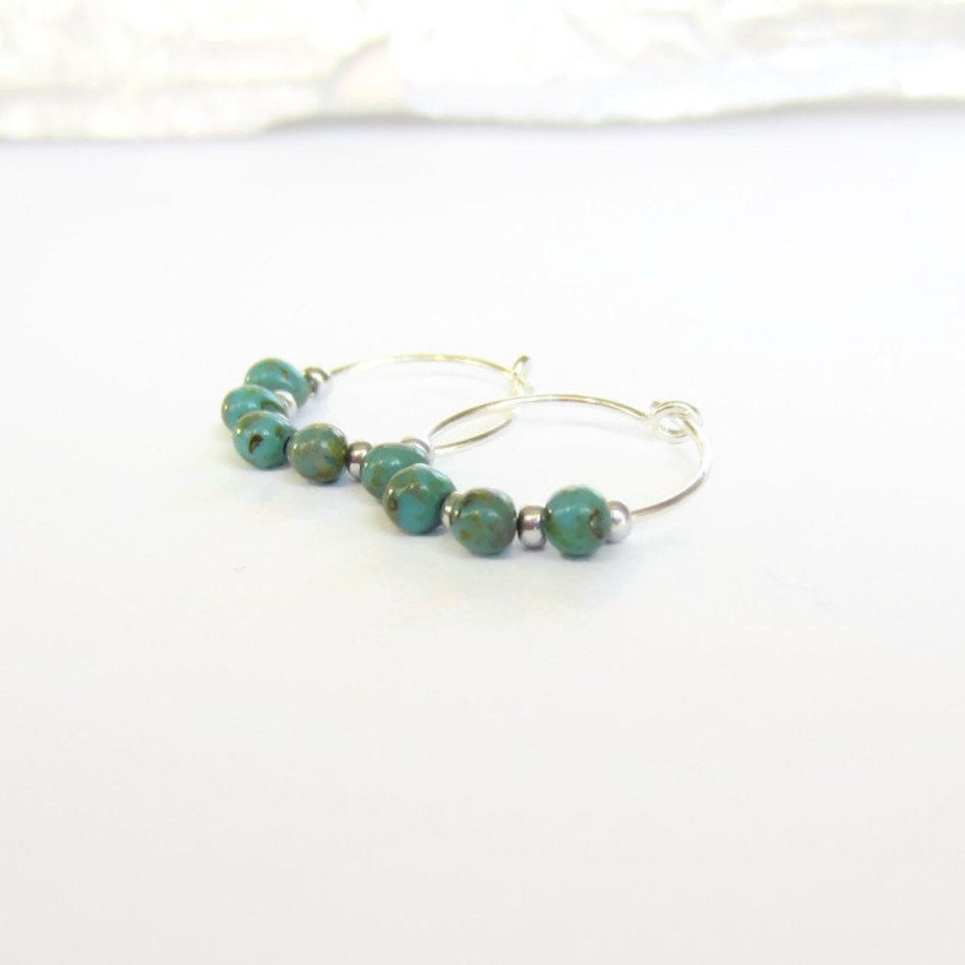 Turquoise Blue Czech Glass Beaded Silver Hoop Earrings ~ 925 Sterling Silver ~ Handmade by The Tiny Tree Frog Jewellery