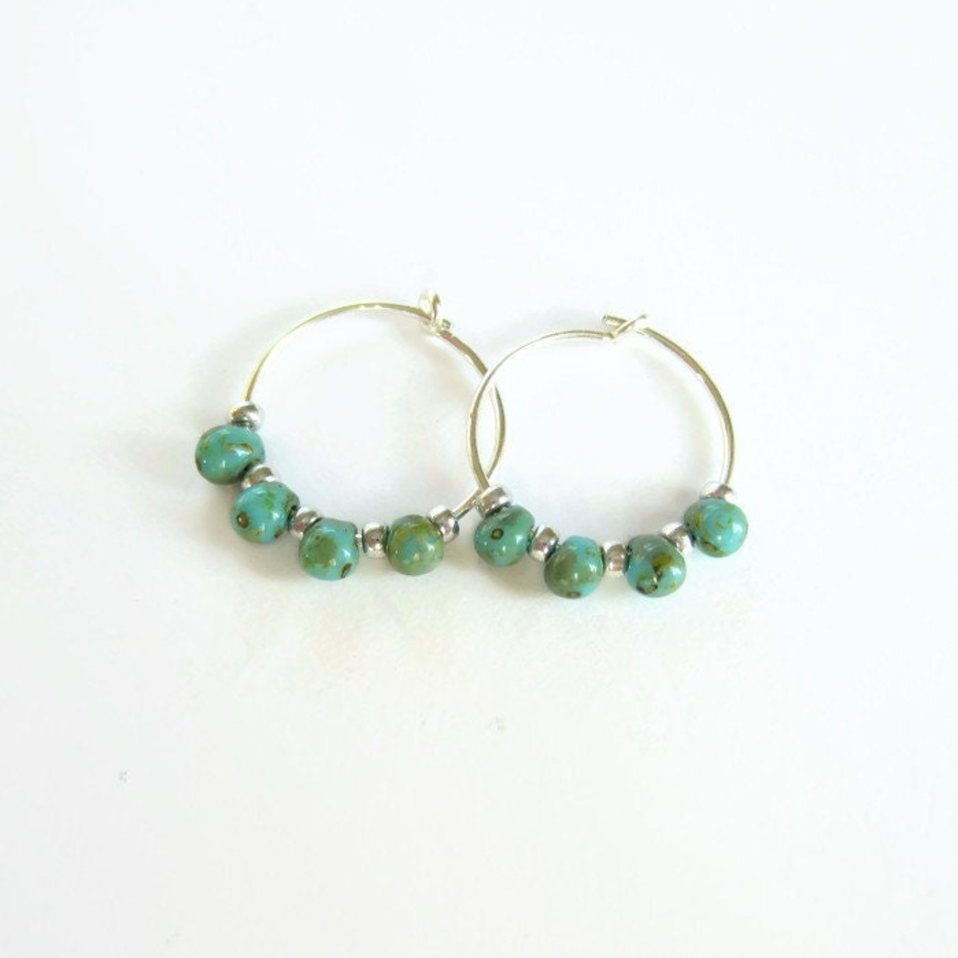 Turquoise Blue Czech Glass Beaded Silver Hoop Earrings ~ 925 Sterling Silver ~ Handmade by The Tiny Tree Frog Jewellery