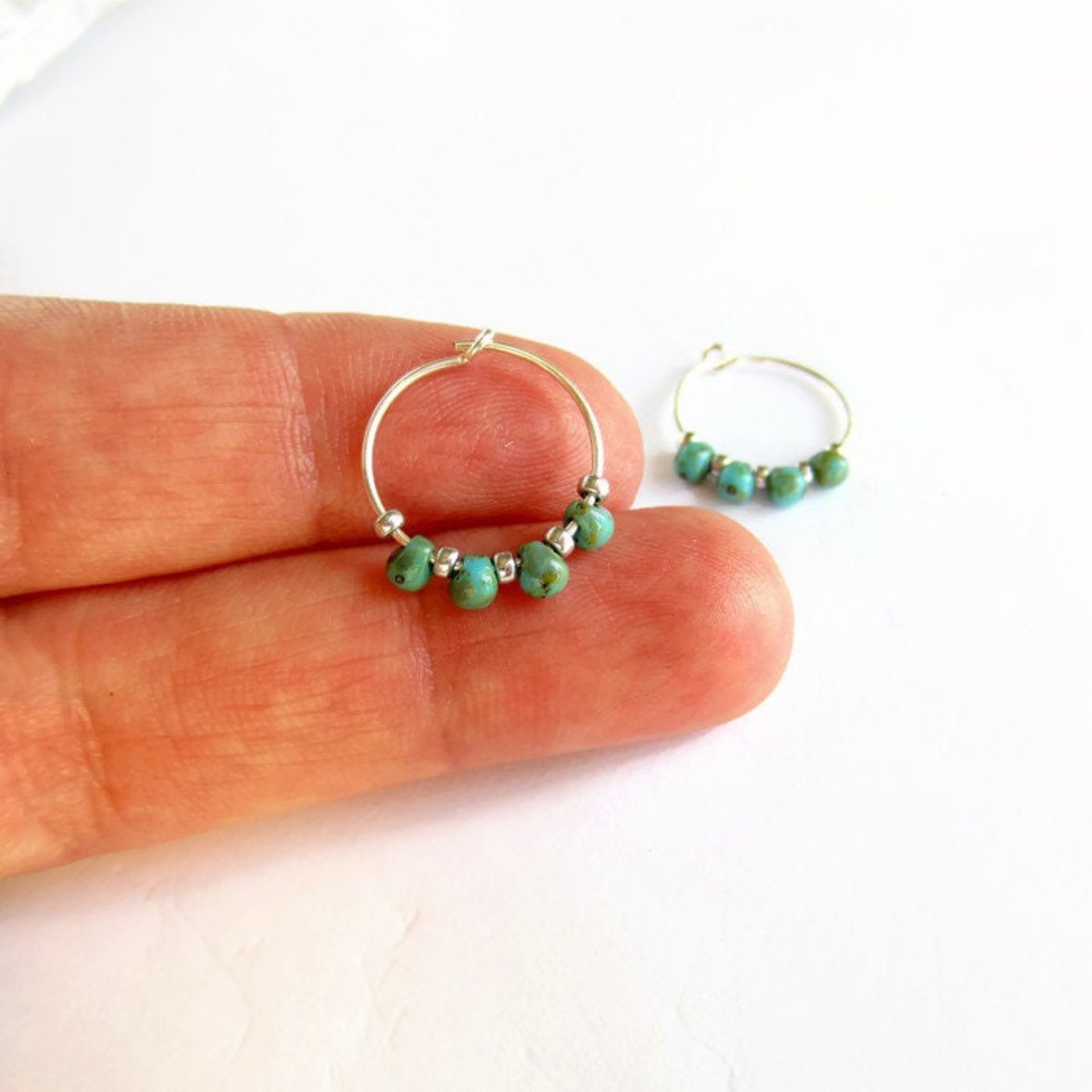 Turquoise Blue Czech Glass Beaded Silver Hoop Earrings ~ 925 Sterling Silver ~ Handmade by The Tiny Tree Frog Jewellery