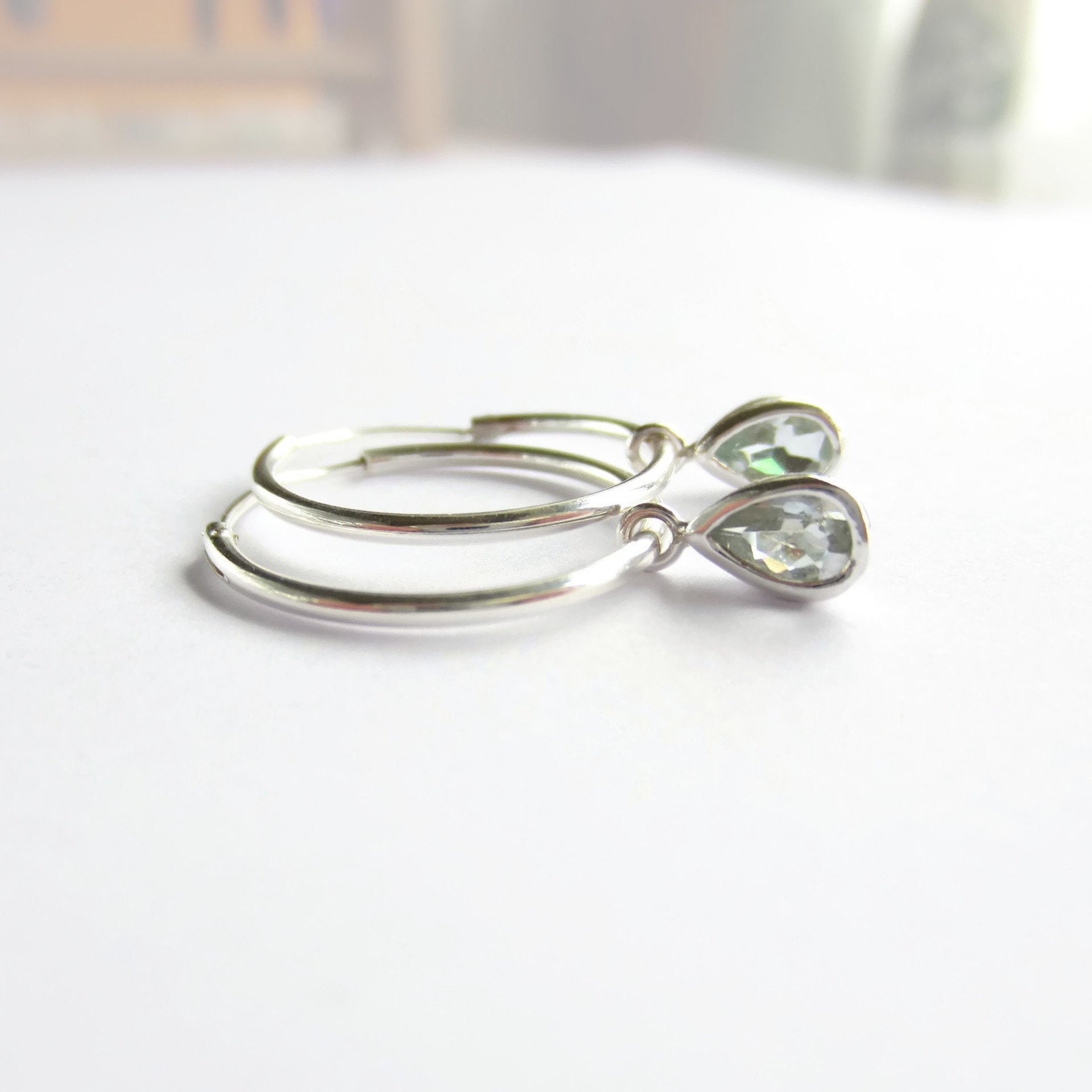 Sterling Silver Aquamarine Gemstone Teardrop Hoop Earrings ~ March Birthstone ~ Handmade by The Tiny Tree Frog Jewellery