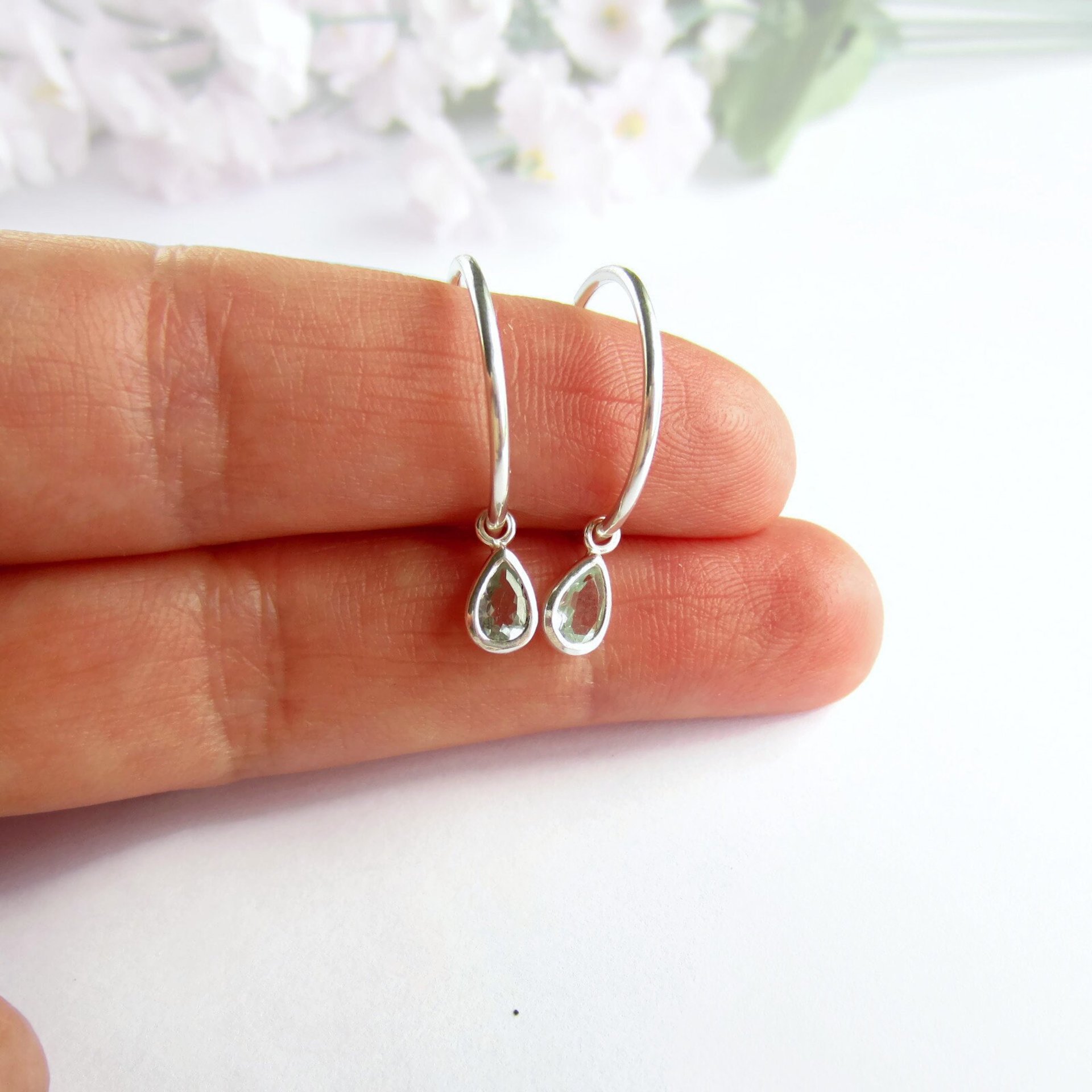 Sterling Silver Aquamarine Gemstone Teardrop Hoop Earrings ~ March Birthstone ~ Handmade by The Tiny Tree Frog Jewellery