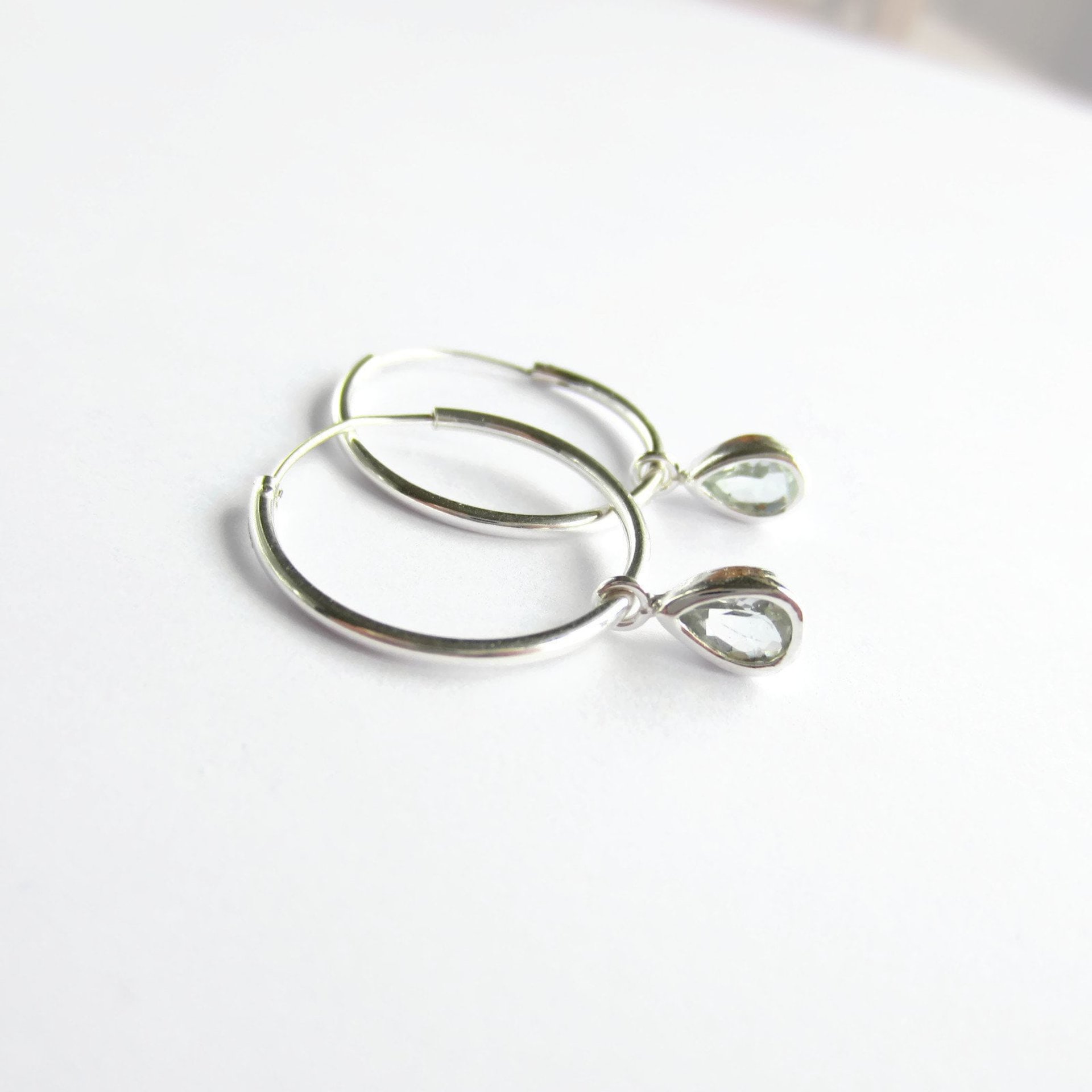Sterling Silver Aquamarine Gemstone Teardrop Hoop Earrings ~ March Birthstone ~ Handmade by The Tiny Tree Frog Jewellery