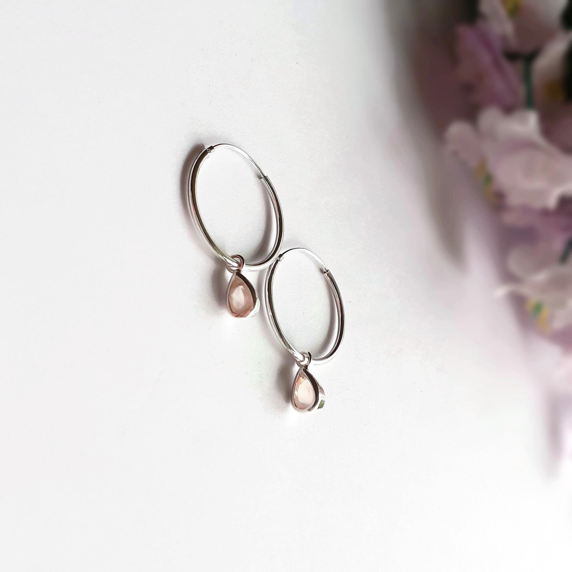 Sterling Silver Rose Quartz Gemstone Teardrop Hoop Earrings ~ Handmade by The Tiny Tree Frog Jewellery