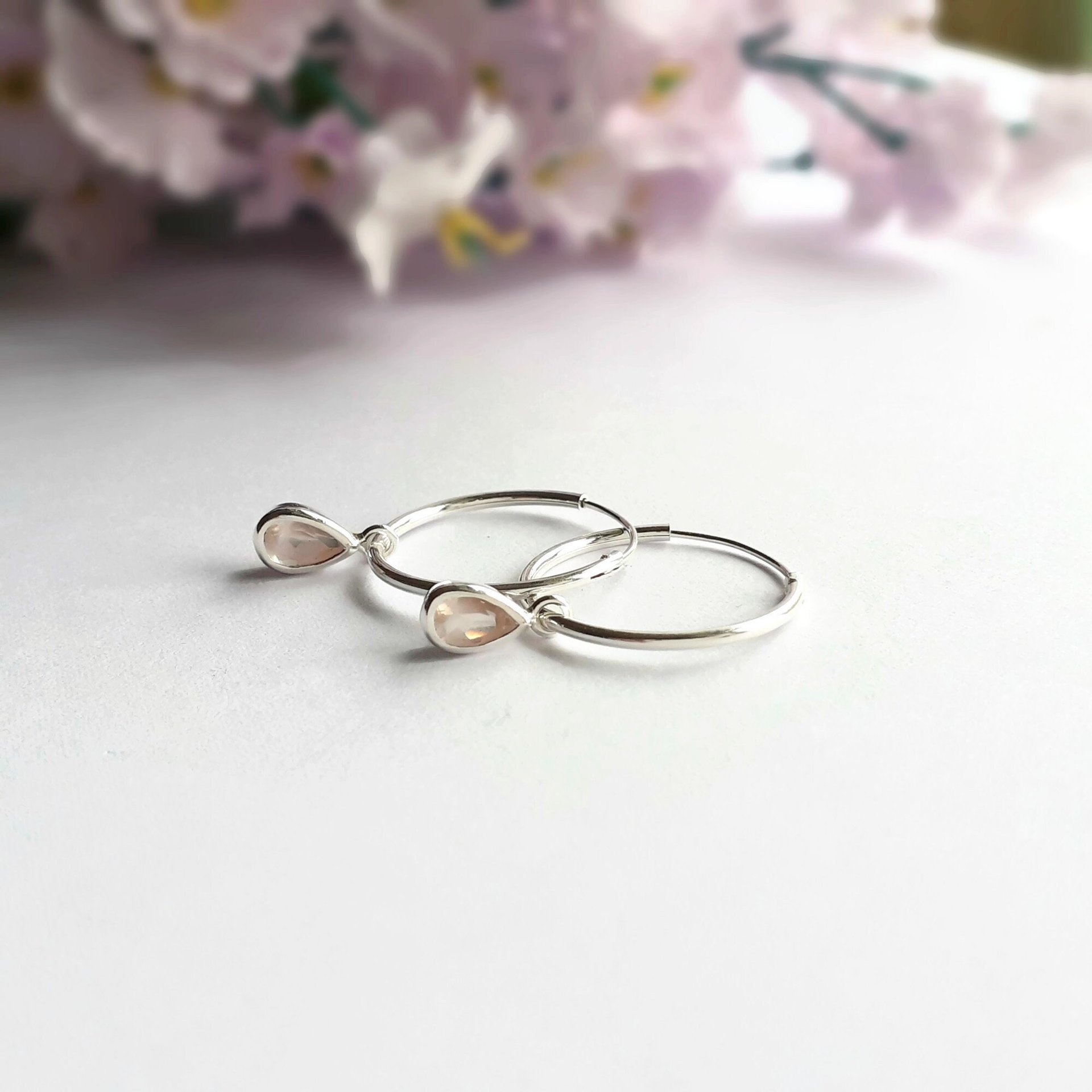 Sterling Silver Rose Quartz Gemstone Teardrop Hoop Earrings ~ Handmade by The Tiny Tree Frog Jewellery