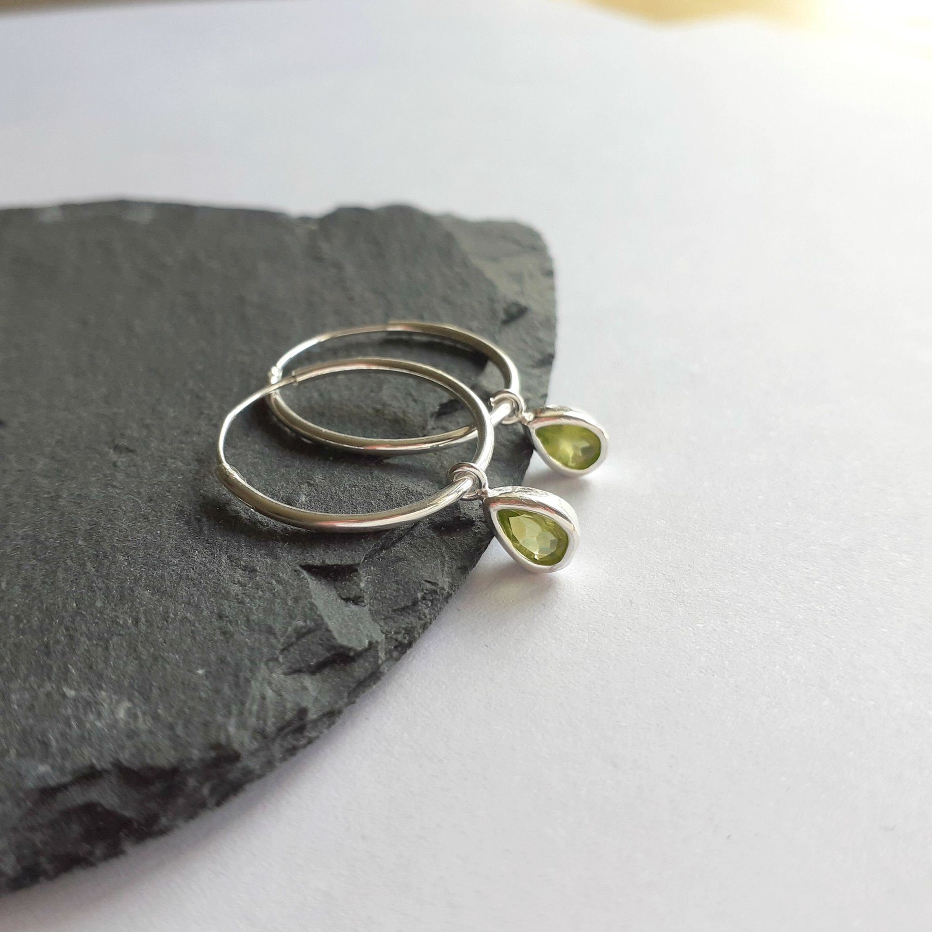 Sterling Silver Peridot Gemstone Teardrop Hoop Earrings ~ August Birthstone ~ Handmade by The Tiny Tree Frog Jewellery