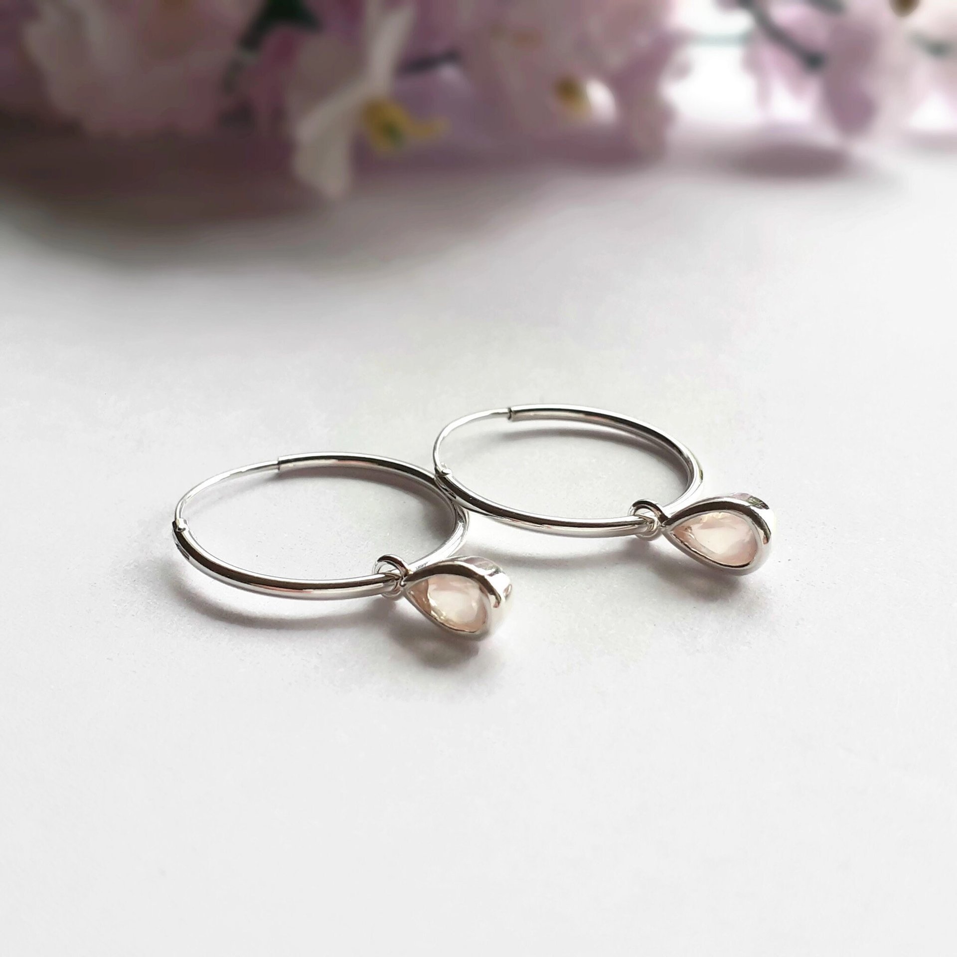 Sterling Silver Rose Quartz Gemstone Teardrop Hoop Earrings ~ Handmade by The Tiny Tree Frog Jewellery