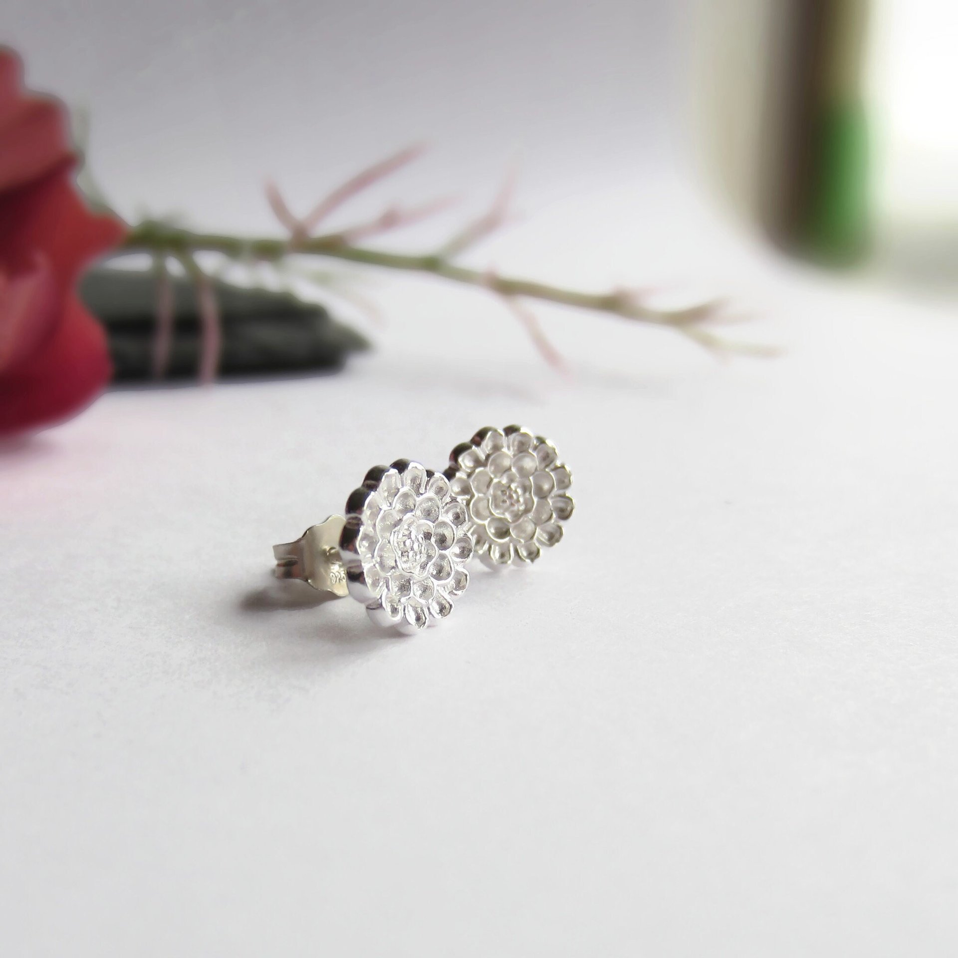 Fine Silver and Sterling Silver Dahlia Flower Stud Earrings ~ Handmade by The Tiny Tree Frog Jewellery