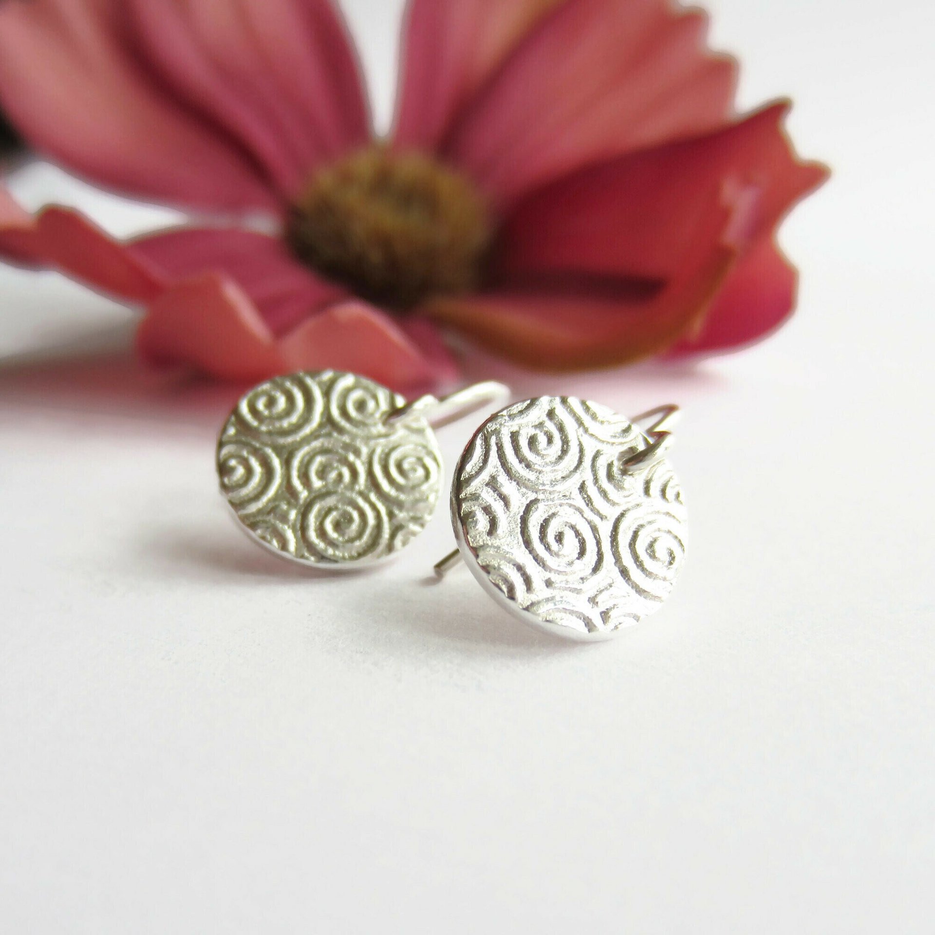 Spiral Patterned Disc Drop Earrings ~ Fine Silver and Sterling Silver ~ Handmade by The Tiny Tree Frog Jewellery