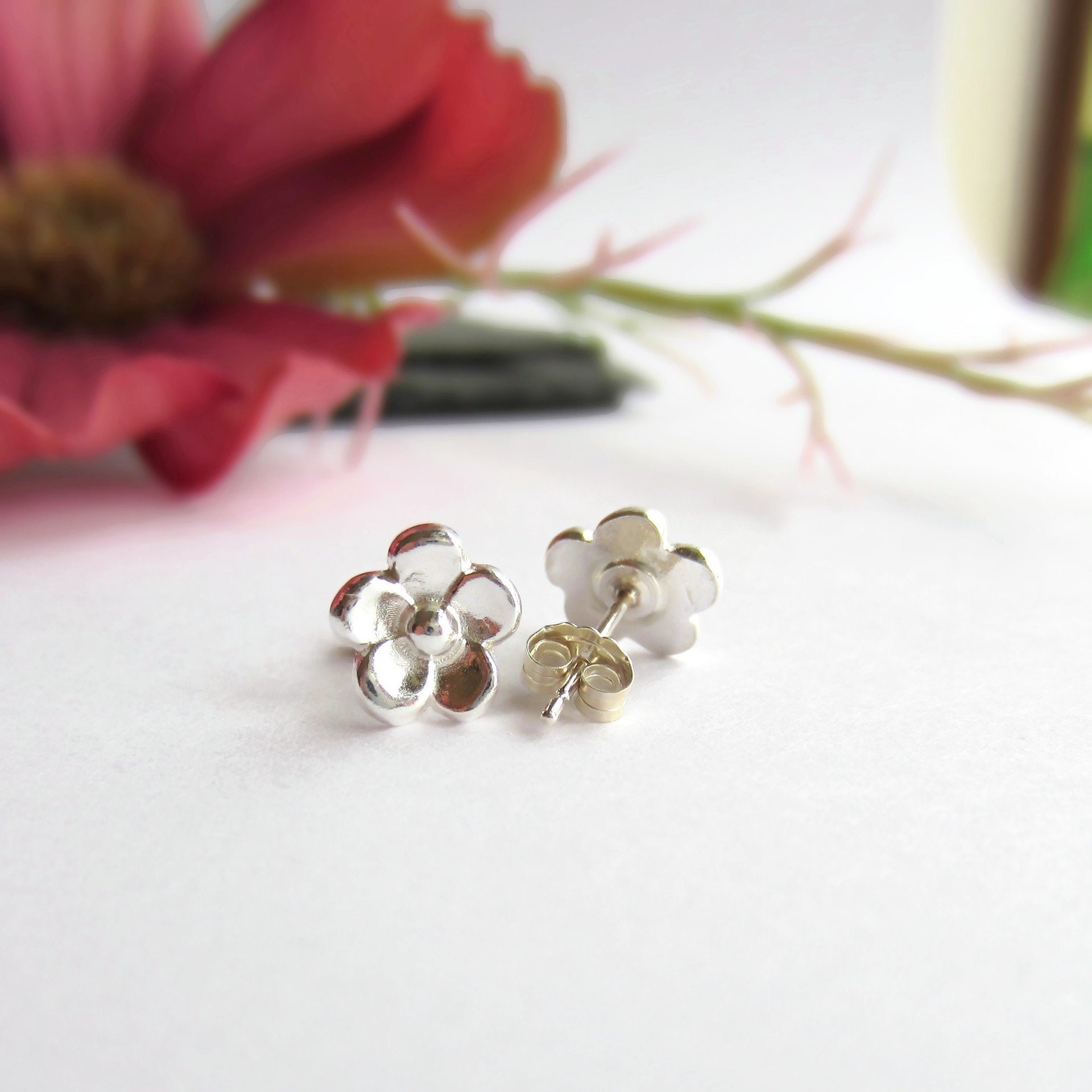 Fine Silver Forget Me Not Flower Stud Earrings ~ Handmade by The Tiny Tree Frog Jewellery