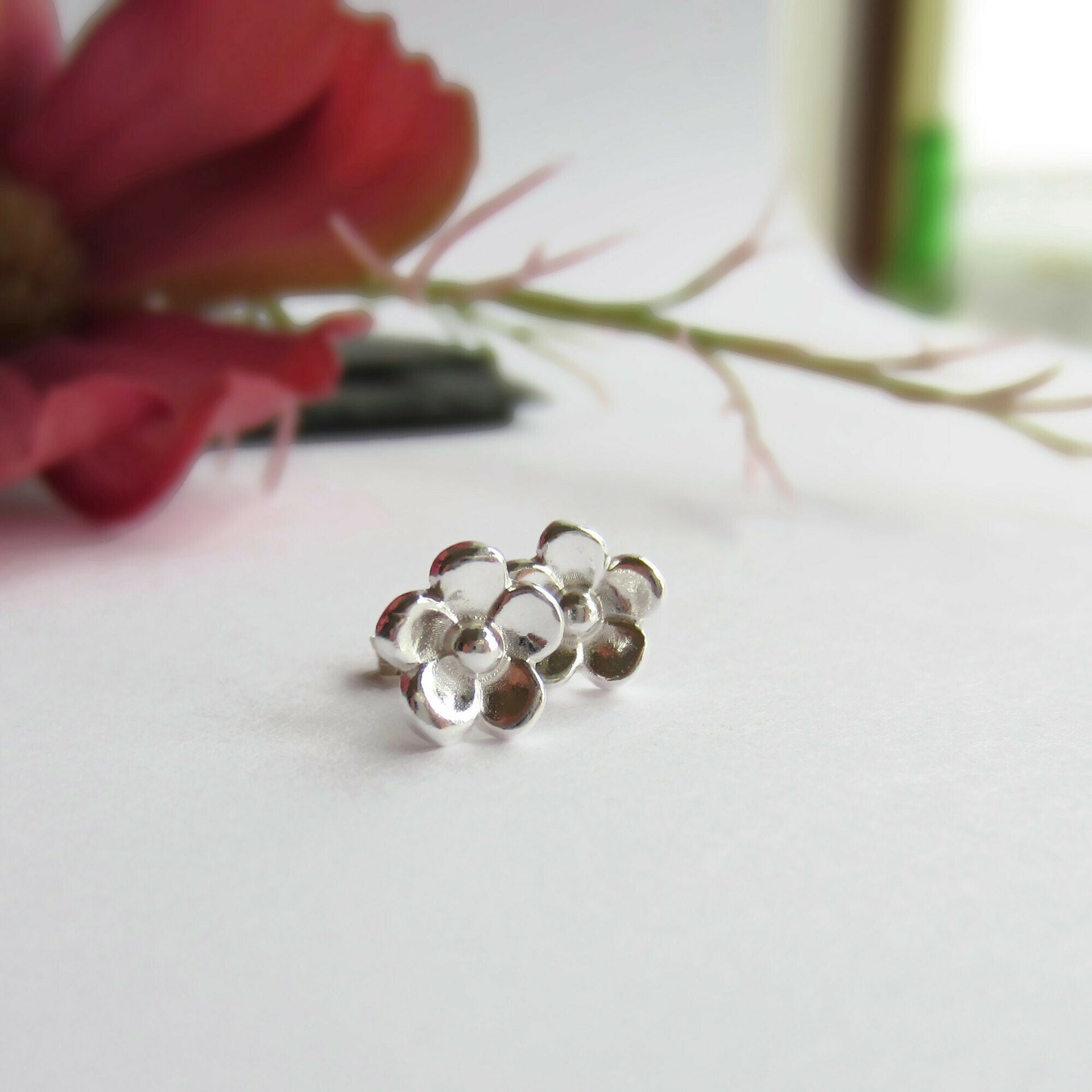 Fine Silver Forget Me Not Flower Stud Earrings ~ Handmade by The Tiny Tree Frog Jewellery