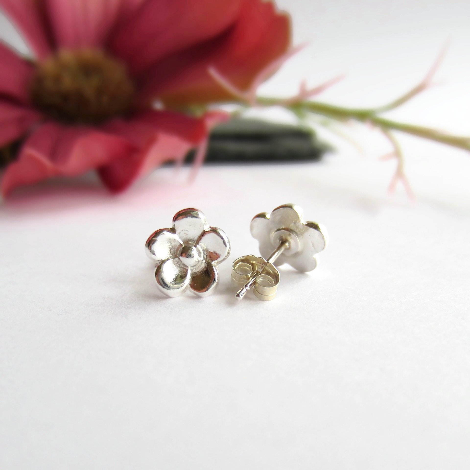 Fine Silver Forget Me Not Flower Stud Earrings ~ Handmade by The Tiny Tree Frog Jewellery