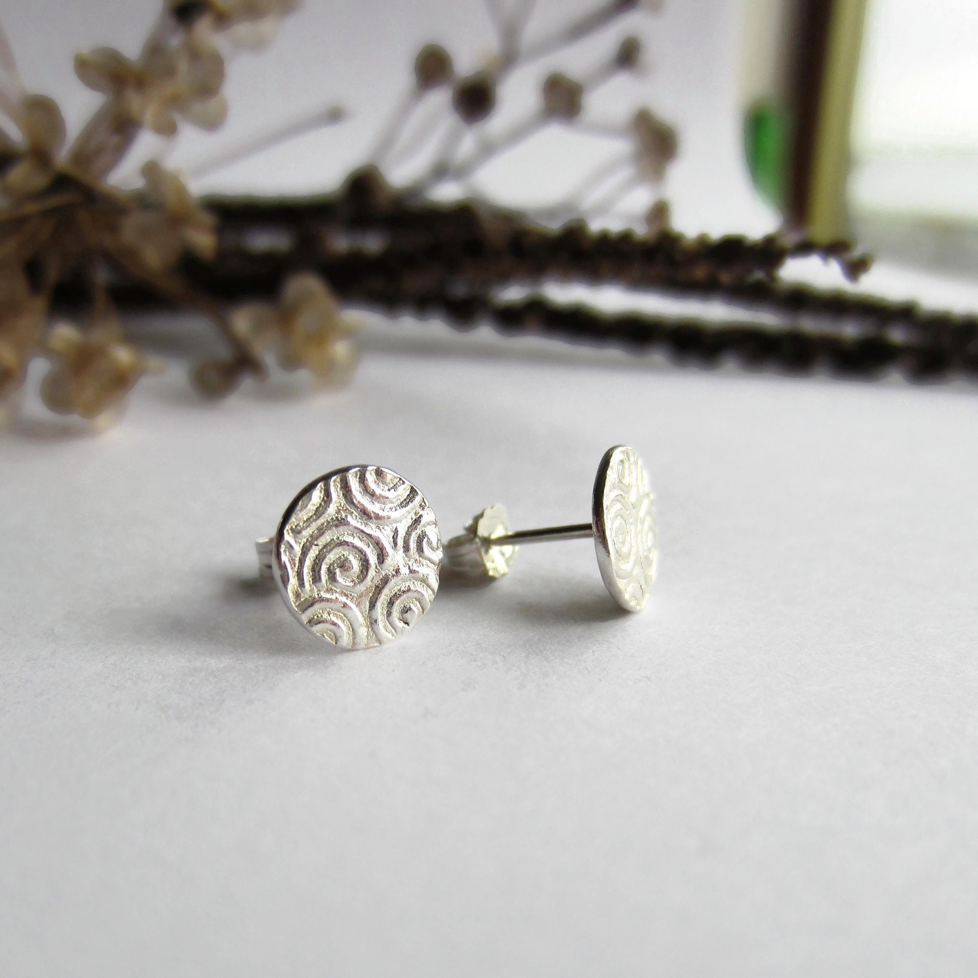 Fine Silver and Sterling Silver Spiral Pattern Textured Stud Earrings ~ Handmade by The Tiny Tree Frog Jewellery
