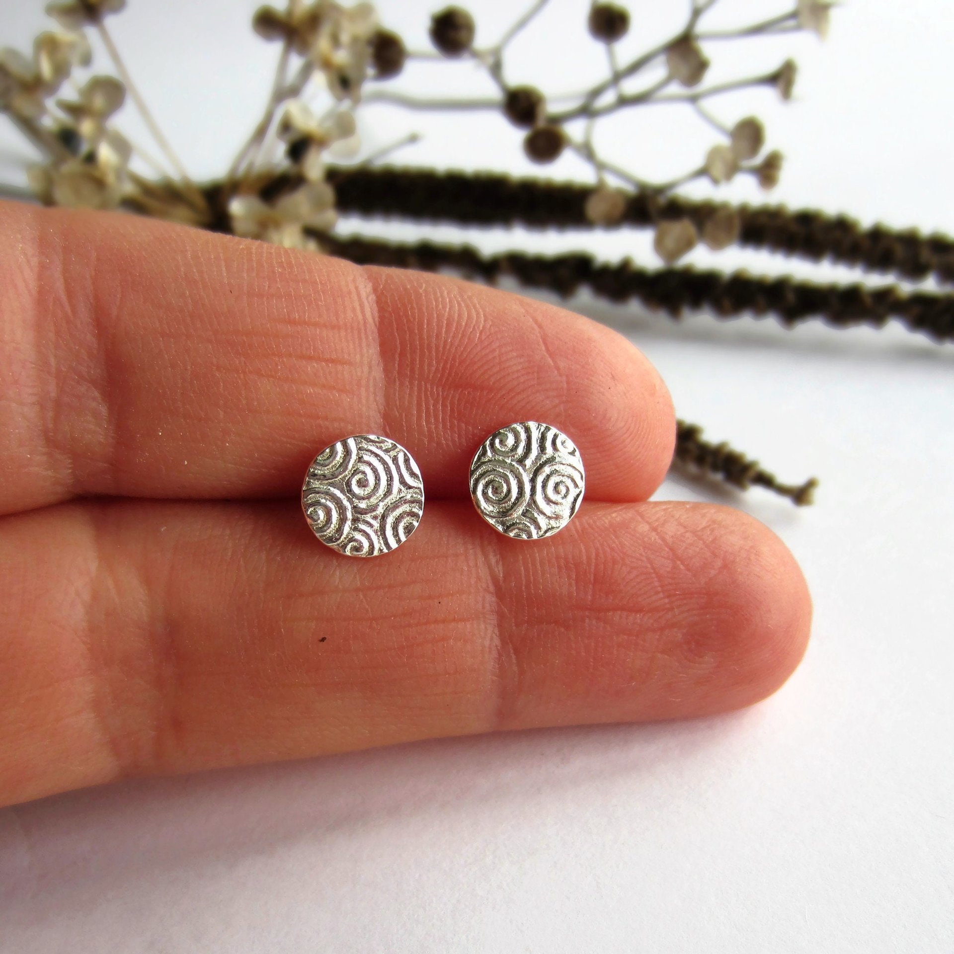 Fine Silver and Sterling Silver Spiral Pattern Textured Stud Earrings ~ Handmade by The Tiny Tree Frog Jewellery