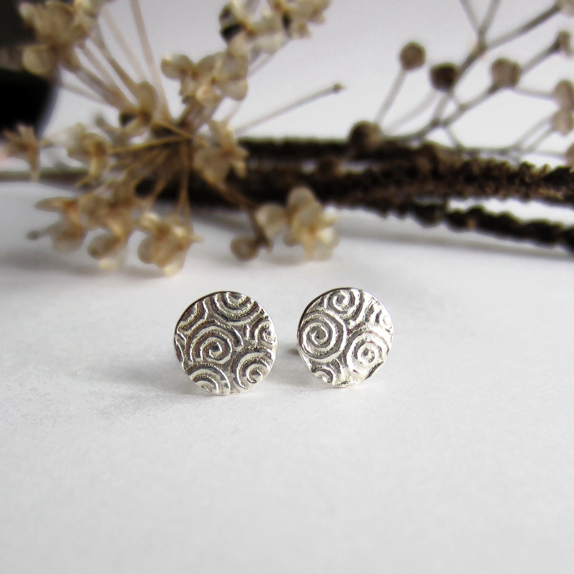 Fine Silver and Sterling Silver Spiral Pattern Textured Stud Earrings ~ Handmade by The Tiny Tree Frog Jewellery