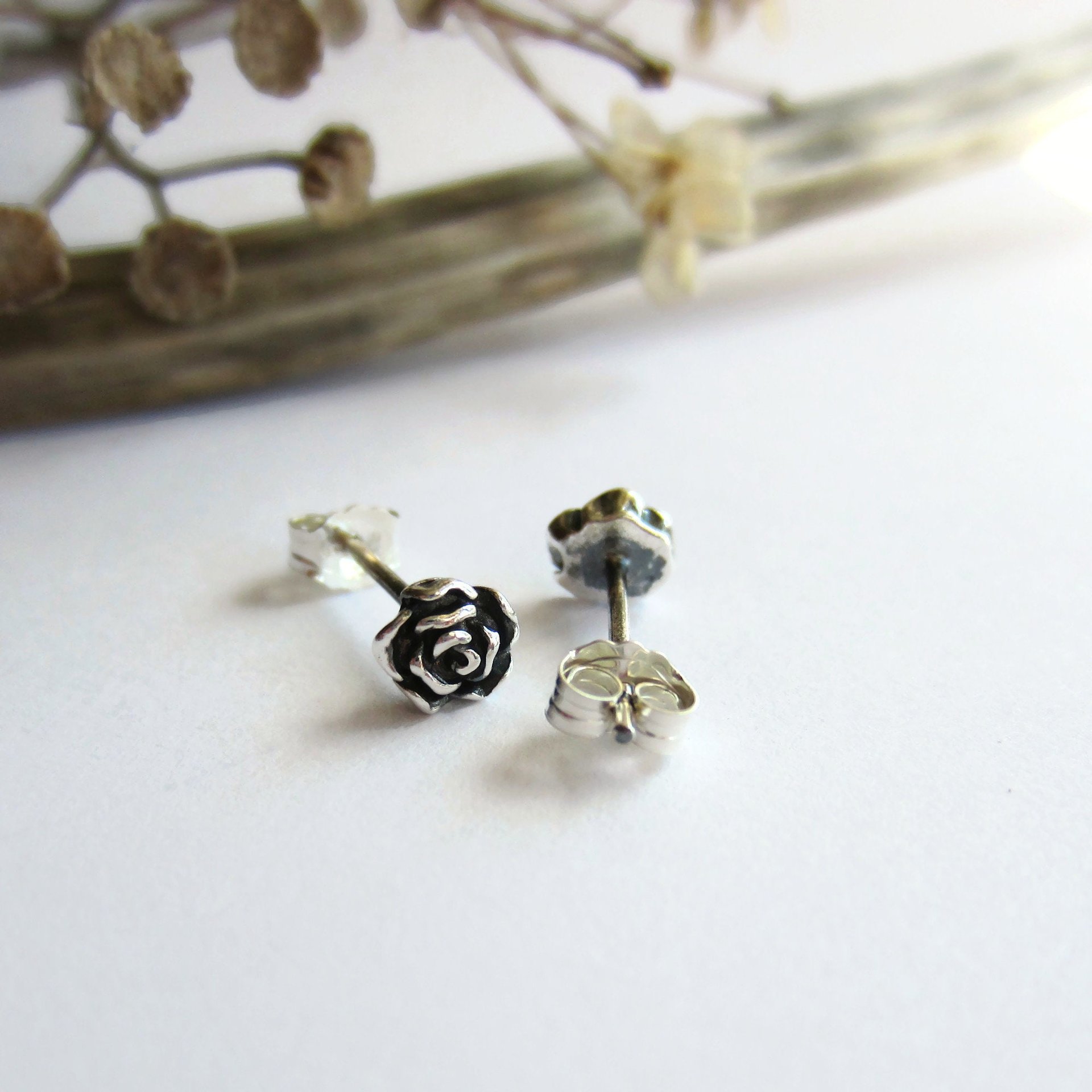 Oxidised Tiny Fine Silver Rose Stud Earrings ~ June Birth Flower ~ Handmade by The Tiny Tree Frog Jewellery