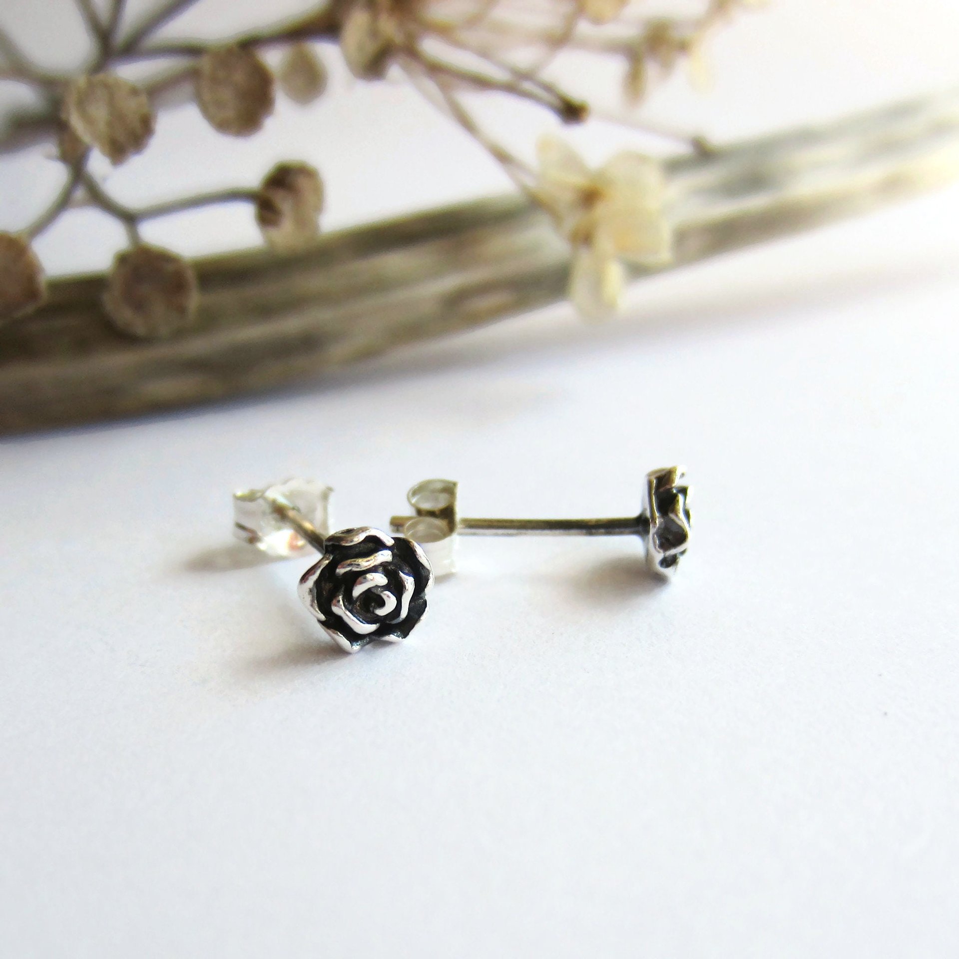 Oxidised Tiny Fine Silver Rose Stud Earrings ~ June Birth Flower ~ Handmade by The Tiny Tree Frog Jewellery