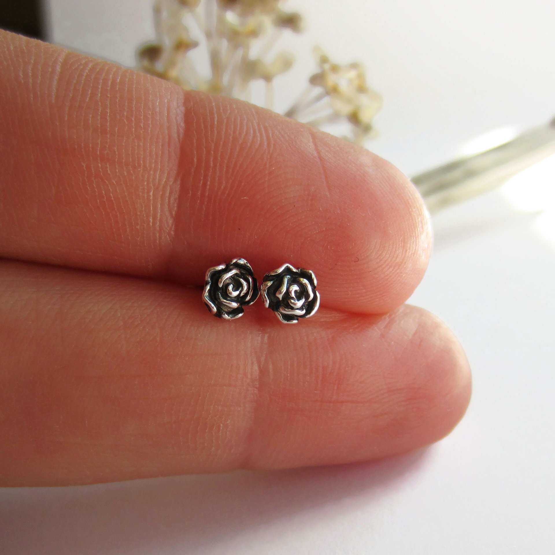 Oxidised Tiny Fine Silver Rose Stud Earrings ~ June Birth Flower ~ Handmade by The Tiny Tree Frog Jewellery